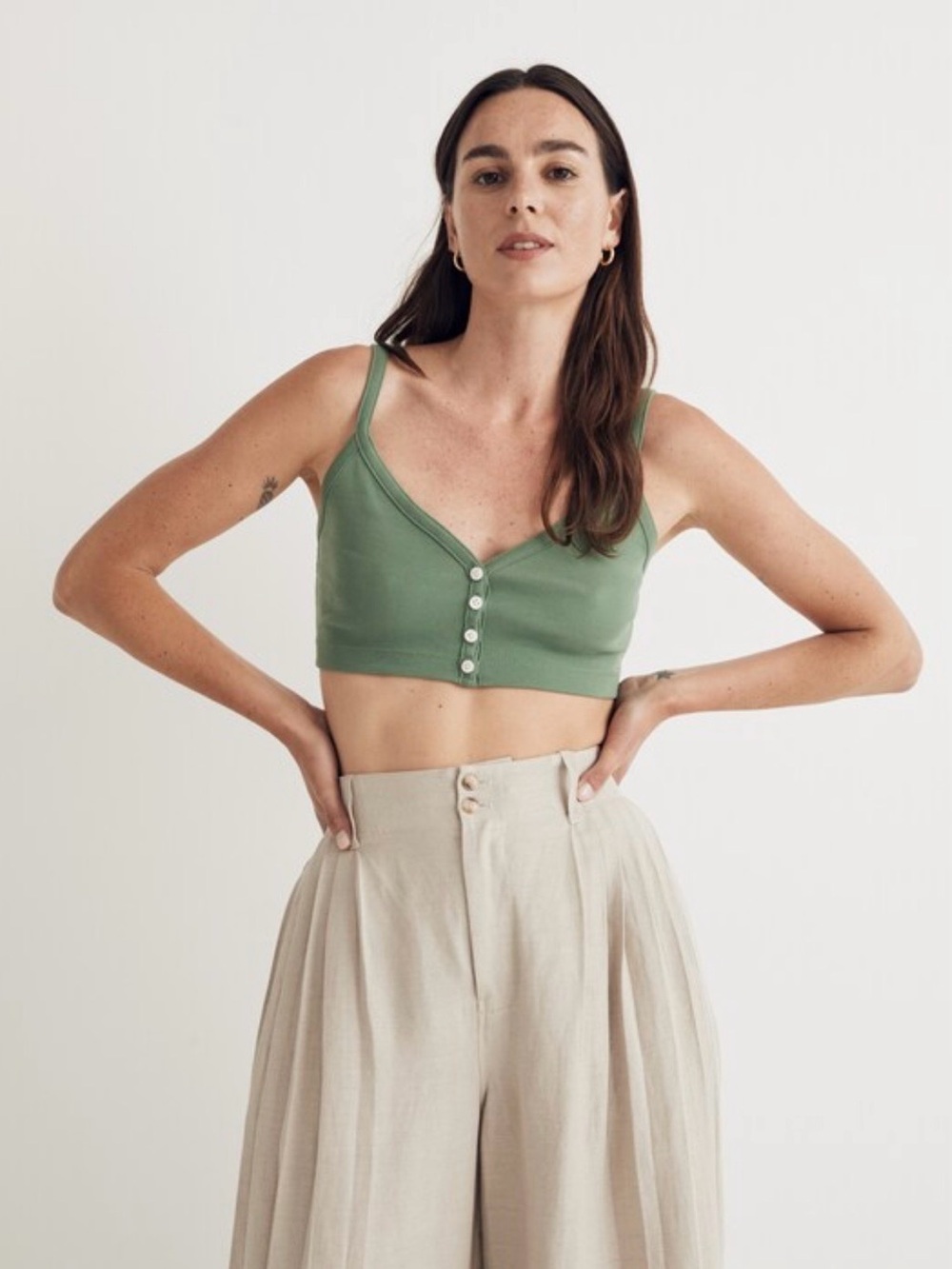 Madewell Large Green Cotton Button Front Crop Cami Top